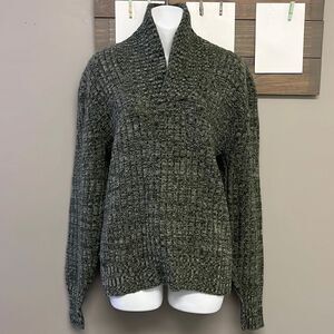 Lambs Wool Blend Heather Green Long Sleeve Cable Knit Cross Cowl Neck Sweater-PL